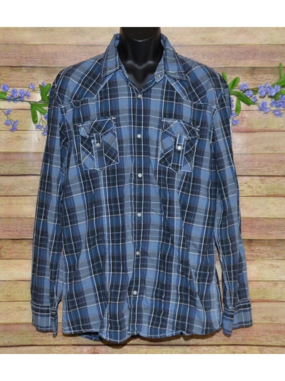 BKE Athletic Fit Mens Blue Plaid Pearl Snap Western Shirt Size XXL Embroidered